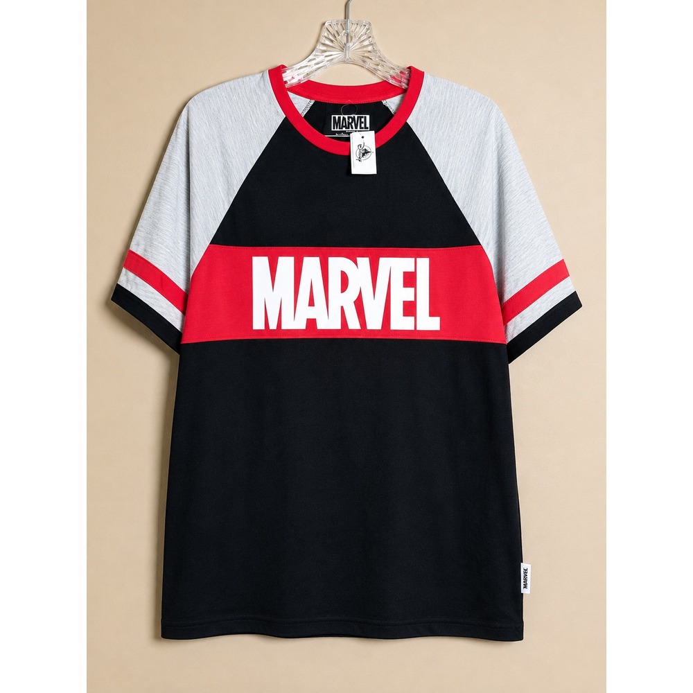 Disney Our Universe Marvel Logo Raglan T-Shirt Mens Small Black Red Grey NWT
